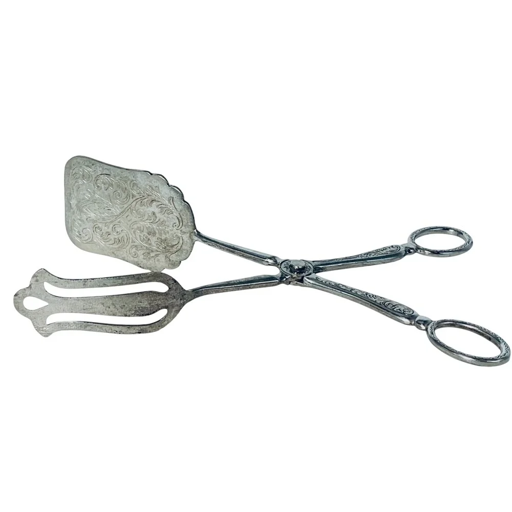 Raimond Silverplate Vintage Scissor Serving Tongs Ornate Floral Etched Silver